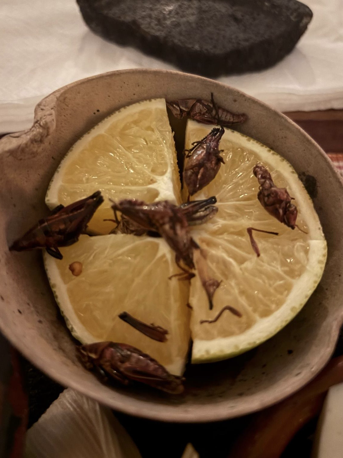 Toasted grasshoppers served with fresh lime at Cetli
