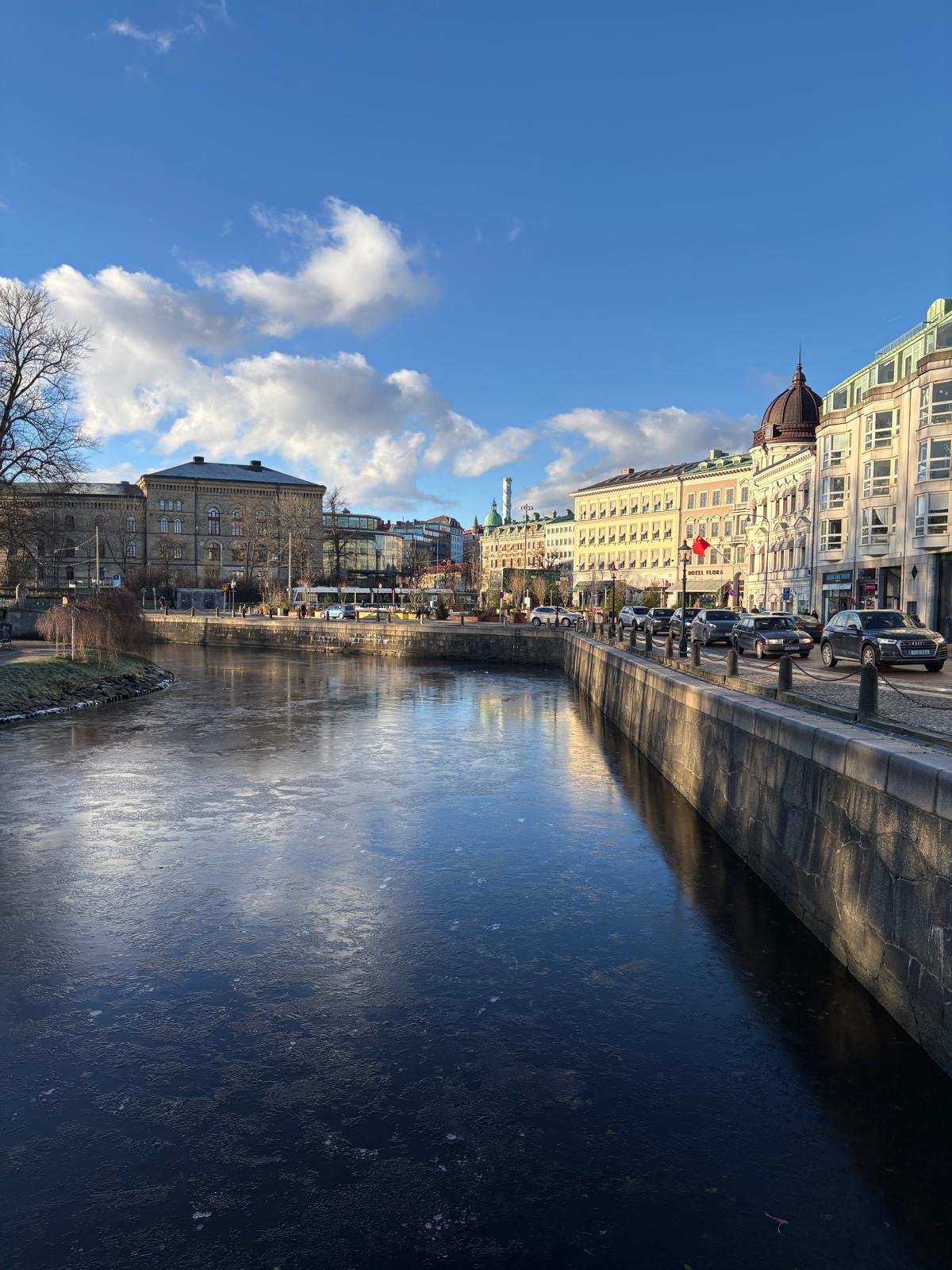Frozen main canal in Gothenburg on a bright winter day